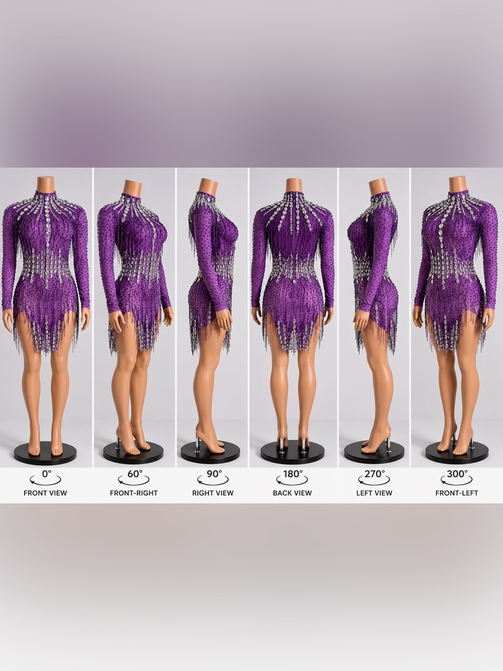 Purple Long-Sleeve Sequin Fringe Bodycon Dress